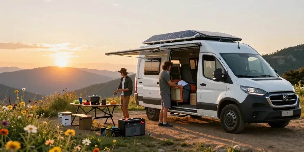 Lithium battery for RV setup during golden hour at a scenic campsite with camper van and solar panels.