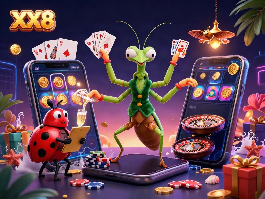Engage in thrilling gameplay with XX8's vibrant casino scene featuring a praying mantis dealer and ladybug pit boss.