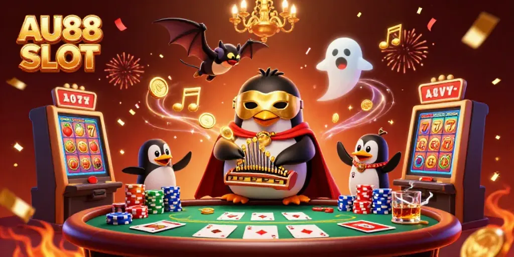 Engaging scene showcasing AU88 SLOT with a penguin organist, slot machines, and casino elements.