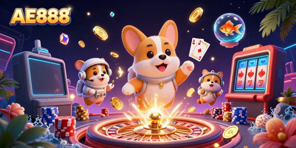 Experience winning with AE888 in a vibrant space casino filled with floating coins and fun characters.