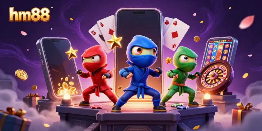 Engaging hm88 online casino illustration with chameleons and vibrant gaming elements