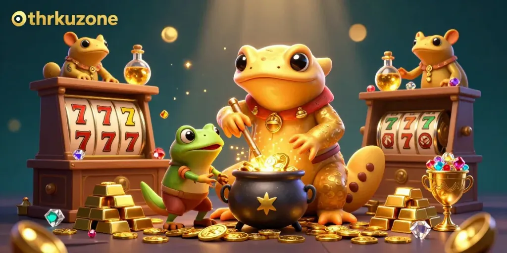 Experience thrilling gameplay at thrkuzone with a magical scene of alchemists turning metals into gold coins.