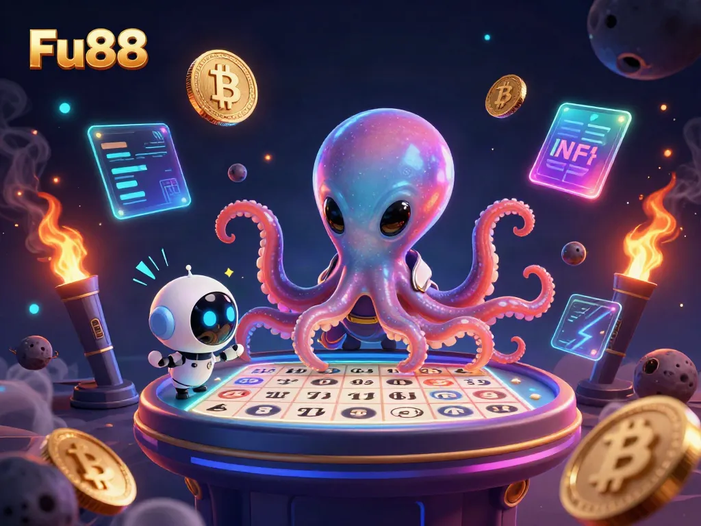 Engage with Fu88 as a cartoon alien octopus operates a holographic bingo table in a cosmic scene.