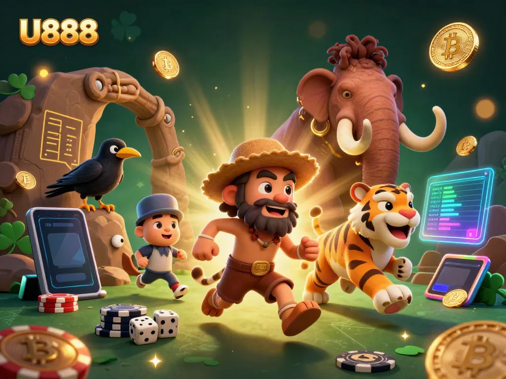 U888 features a vibrant casino scene with prehistoric characters and engaging gambling elements, showcasing fun gaming.