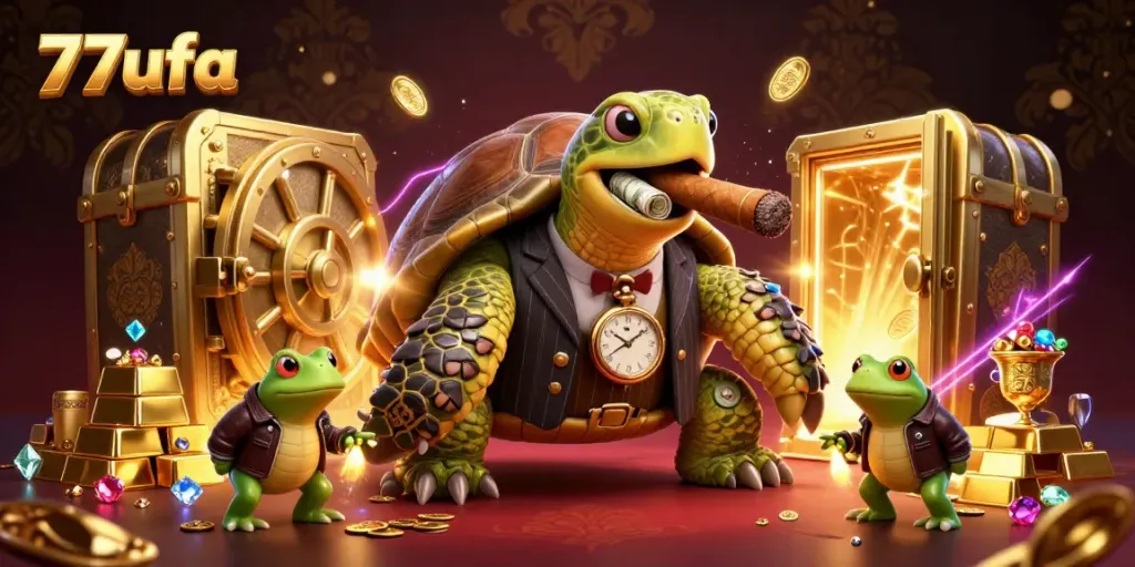 Experience the vibrant world of 77ufa's gambling scene with a dynamic turtle mobster and bullfrog enforcers.