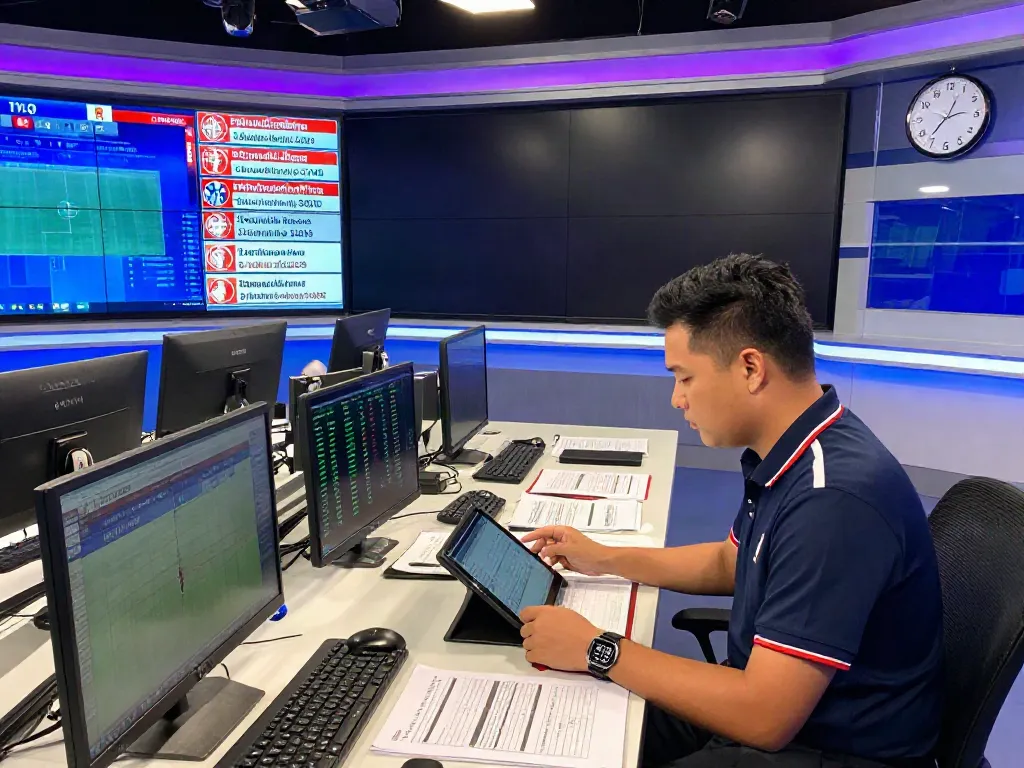 Latest ข่าวฟุตบอลไทย updates in a modern newsroom featuring a sports reporter analyzing transfer news on multiple screens.