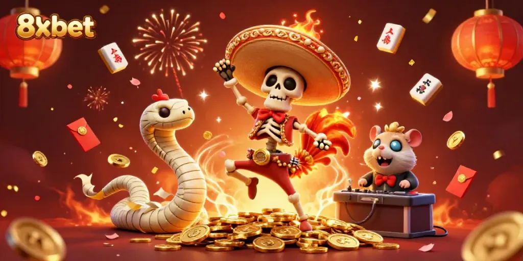 Experience 8xbet excitement with a vibrant 3D illustration featuring animated casino characters celebrating among golden coins.