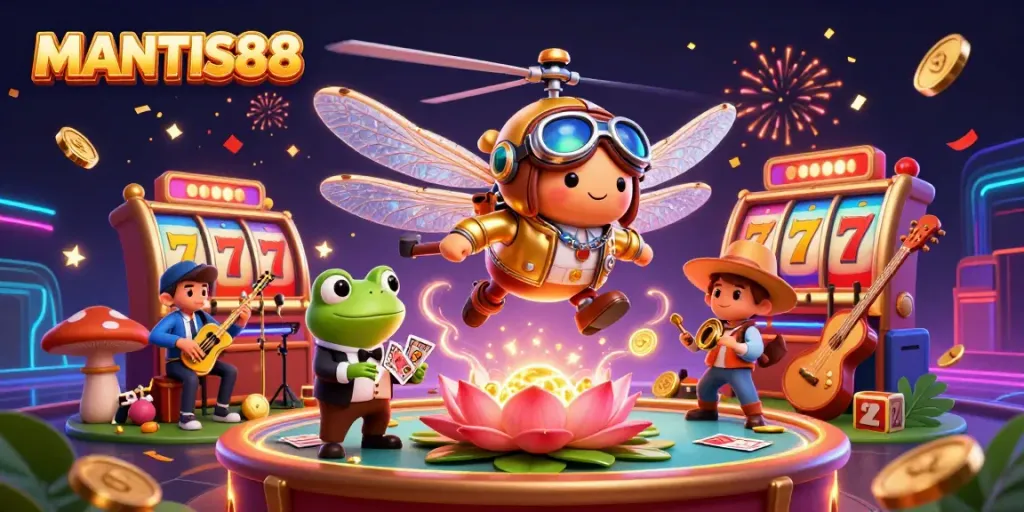 MANTIS88 brings vibrant casino excitement with a dragonfly pilot and a frog croupier in a lively gambling scene.