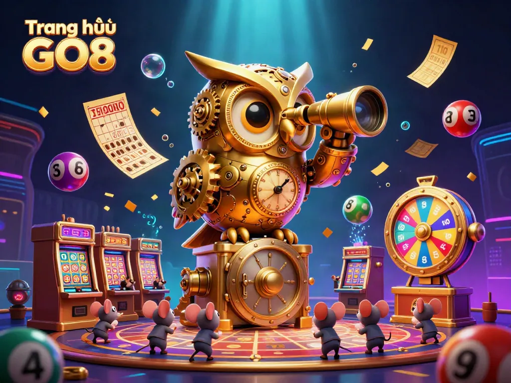 Experience the dynamic excitement of Trang chủ GO8 with a golden owl surveying colorful casino activities.