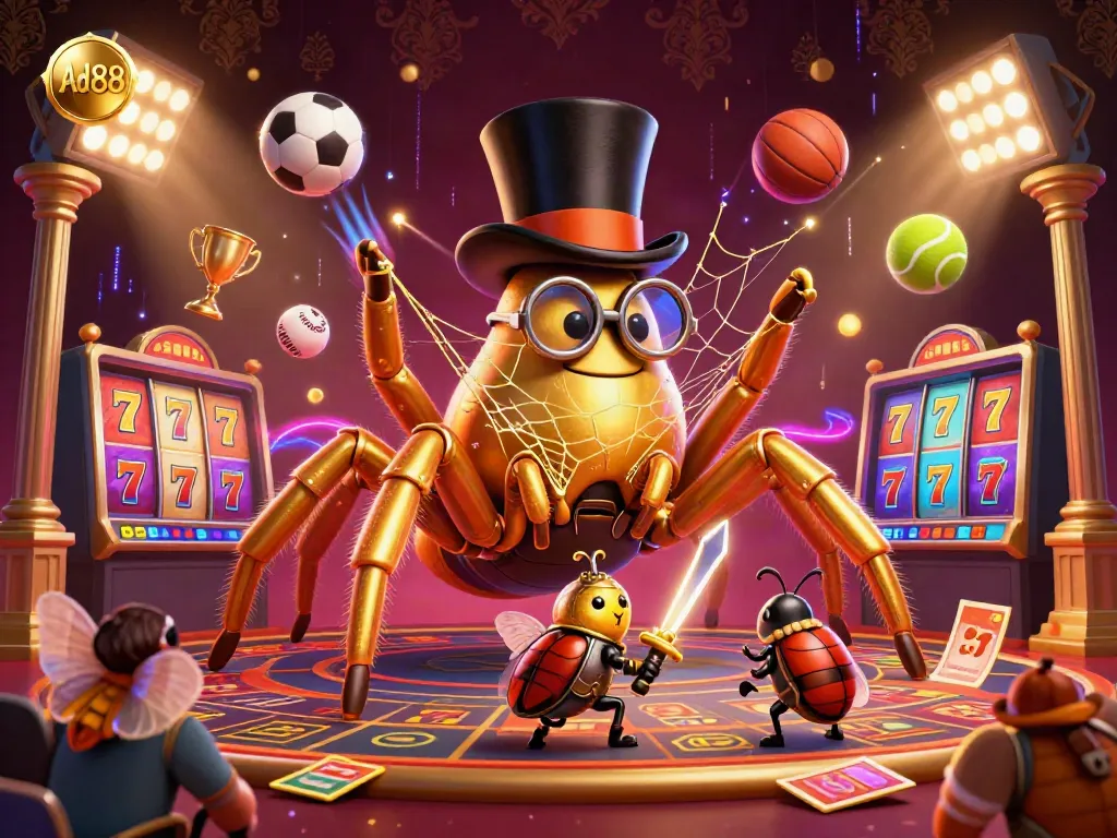 Experience the thrilling world of Ad88 casino with golden arachnids and beetle knights amidst dynamic gaming symbols.