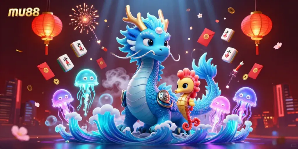 Join the exciting world of mu88 with vibrant 3D graphics featuring a water dragon and engaging game elements.