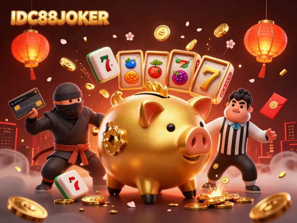 Experience thrilling action at IDC88JOKER with a dynamic scene featuring a golden piggy bank sumo wrestler and vibrant casino elements.
