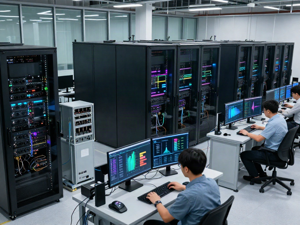 AI data center with GPU servers, technicians monitoring performance, and digital dashboards.