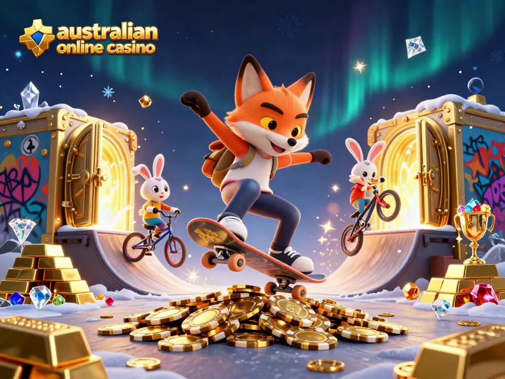 Experience thrills at an australian online casino with a 3D fox skateboarder and rabbit BMX rider.
