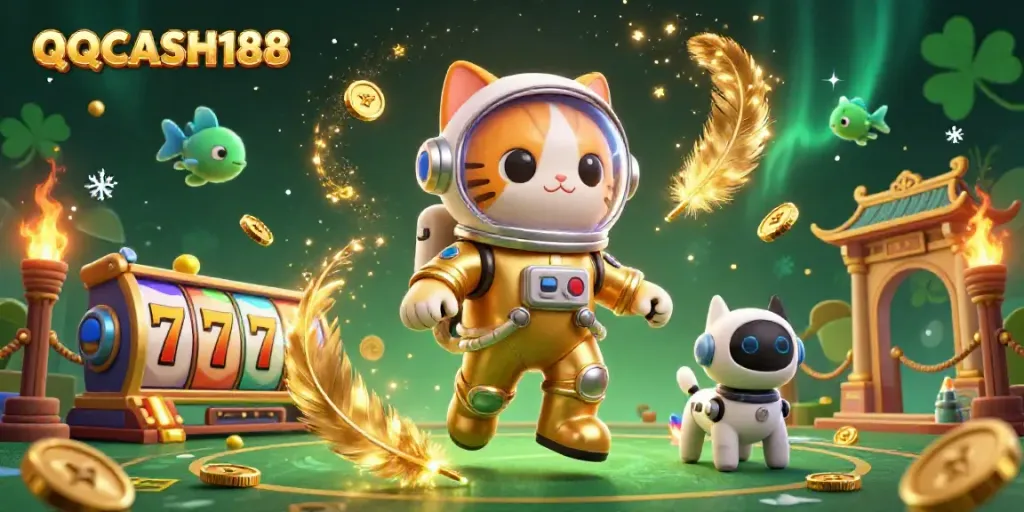 Engaging 3D scene showcasing QQCASH188 with a space astronaut cat, robot dog, and gambling elements.
