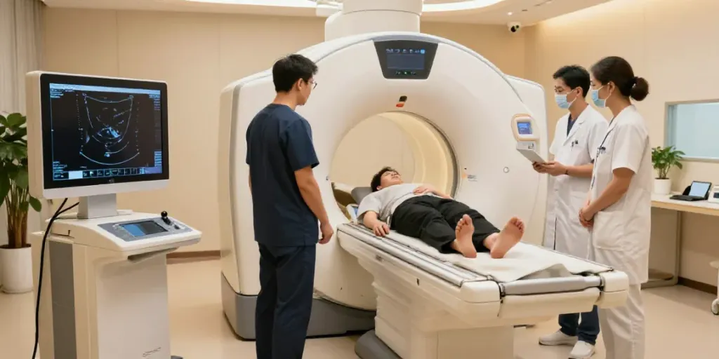 Modernes Diagnostikzentrum Wolfsburg mit einem Patienten im MRT-Scan, umgeben von fortschrittlicher Medizintechnik.