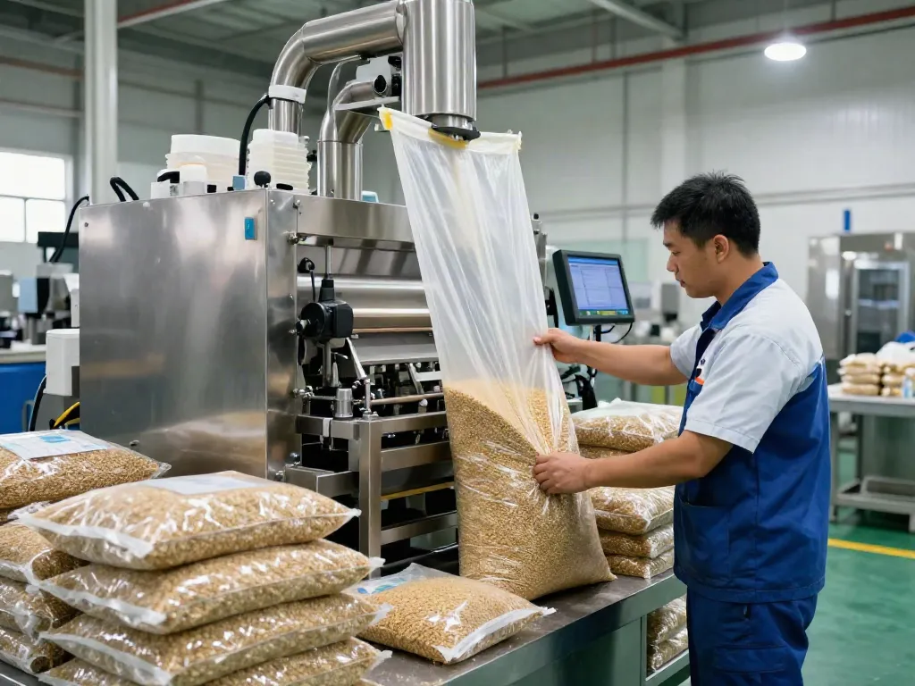 Open mouth bag filling machine in action, efficiently filling biodegradable bags with grains