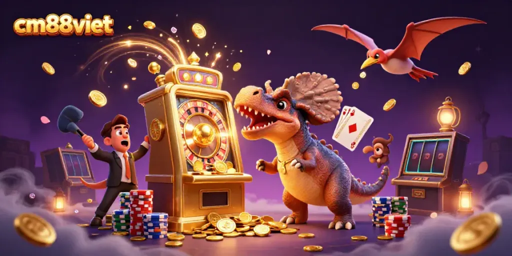 Engage with cm88viet's thrilling jackpot scene featuring playful dinosaurs conjuring coins and excitement in a vibrant casino experience.