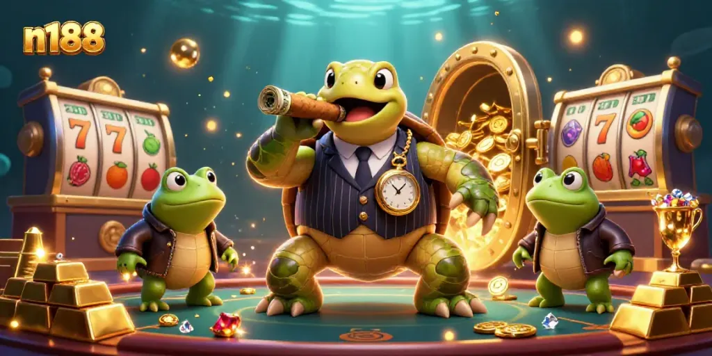 Experience the vibrant n188 casino scene with a turtle in a mobster suit and exciting slot machines.
