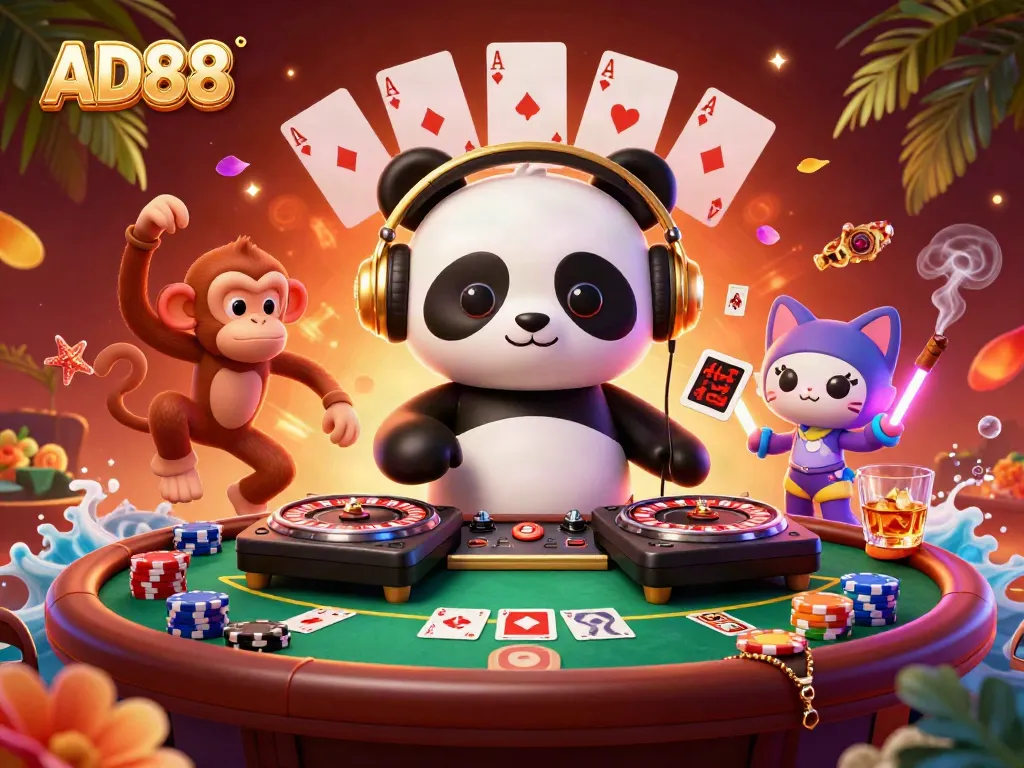 Engaging scene of the DJ panda and lively characters enhancing AD88 casino excitement through gaming.