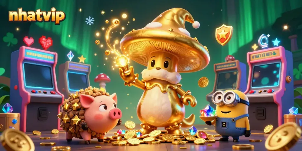 Nhatvip showcases an exciting gaming scene with magical characters transforming treasures in a vibrant casino atmosphere.