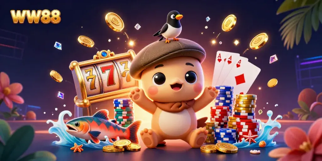 WW88 captivates players with a vibrant 3D scene of Nessie, gold coins, and slots.