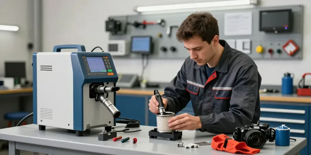 Technician performing dpf reinigen in a professional automotive garage with specialized tools.
