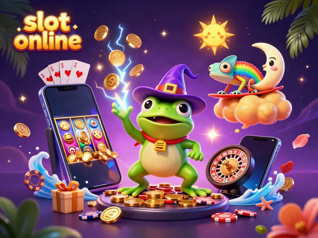 Experience slot online excitement with a wizard frog and chameleon amidst golden coins and vibrant gaming elements.