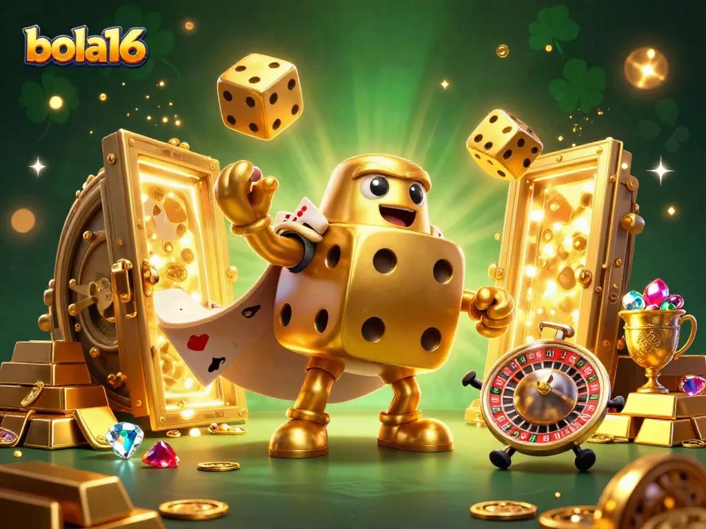 Experience thrilling moments with bola16 as a golden dice golem juggles luck while surrounded by treasures.