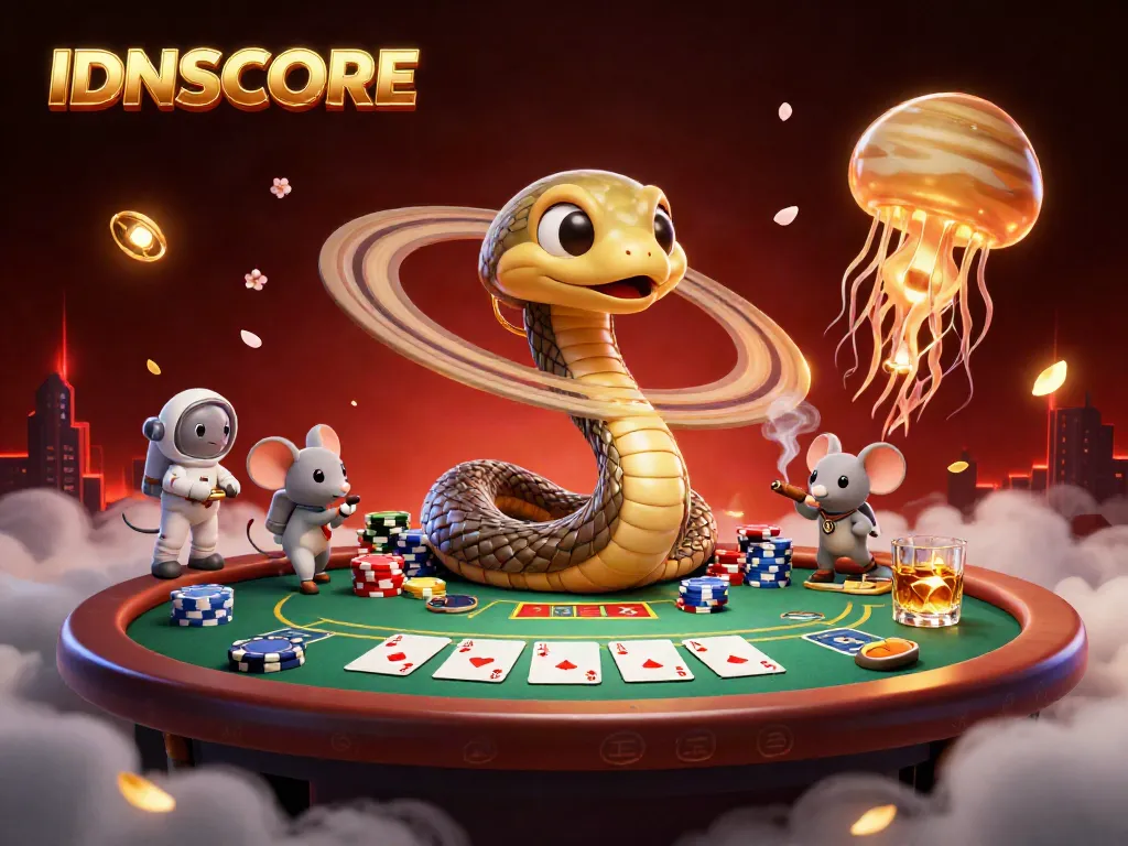 Cosmic dealer IDNSCORE hosts vibrant casino scene with astronaut mice betting on Saturn's roulette rings.