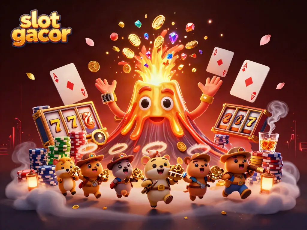 Witness the vibrant scene of slot gacor reels surrounded by treasures and triumphant characters in action.