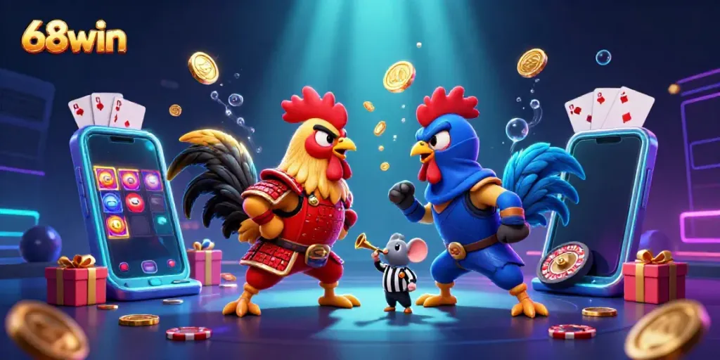 Experience the thrill of 68win as cartoon roosters duel amid dynamic gambling elements.