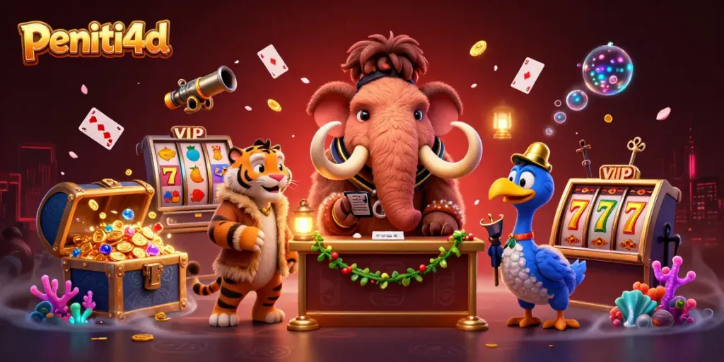 PENITI4D menghadirkan suasana kasino dengan mammoth bouncer dan simbol slot yang memikat