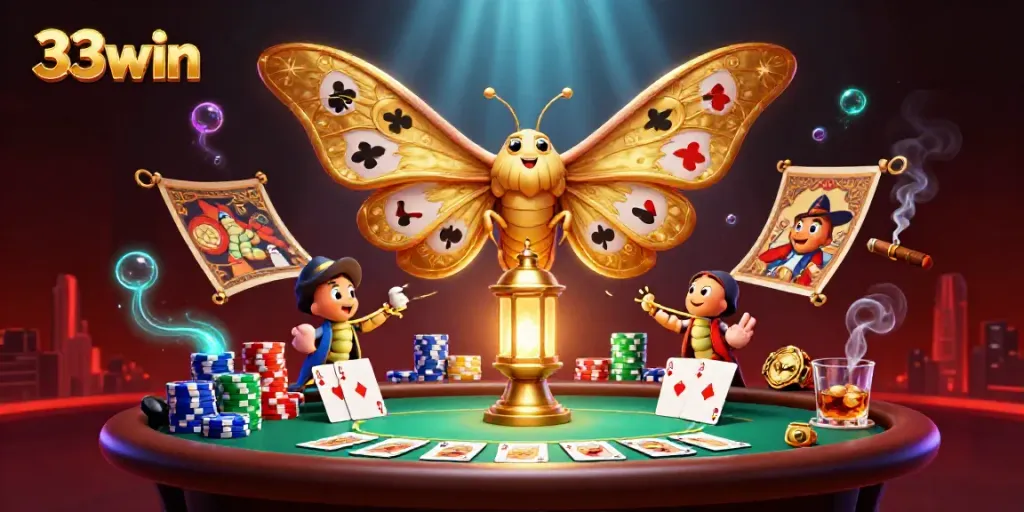 Catch thrilling 33win casino action with a vibrant moth and poker game in a lively scene.