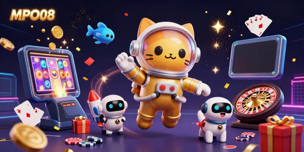MPO08 offers an immersive gaming adventure with a golden astronaut cat and robot dog in a cosmic casino setting.