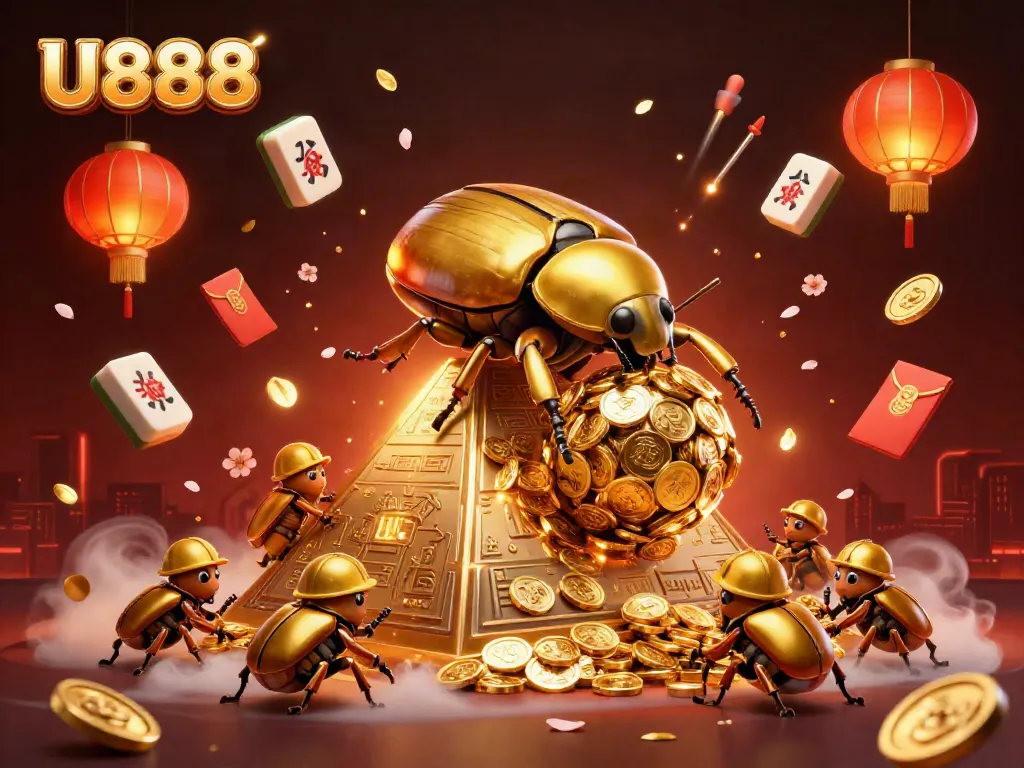 Experience winning at U888 with a vibrant golden beetle scene showcasing online gaming excitement.