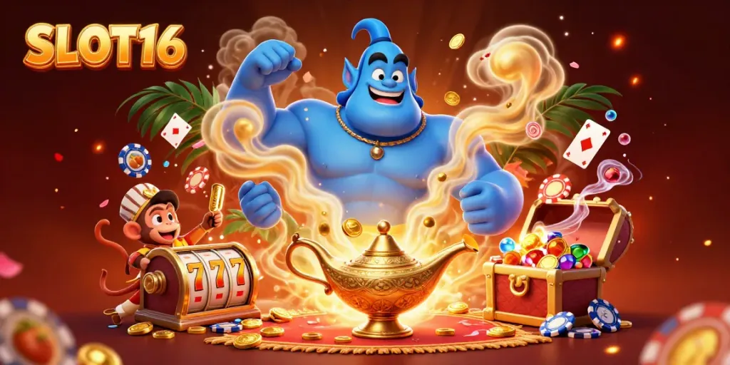 SLOT16 showcases a vibrant scene with a blue genie, poker chips, and vibrant slot reels in dynamic motion.