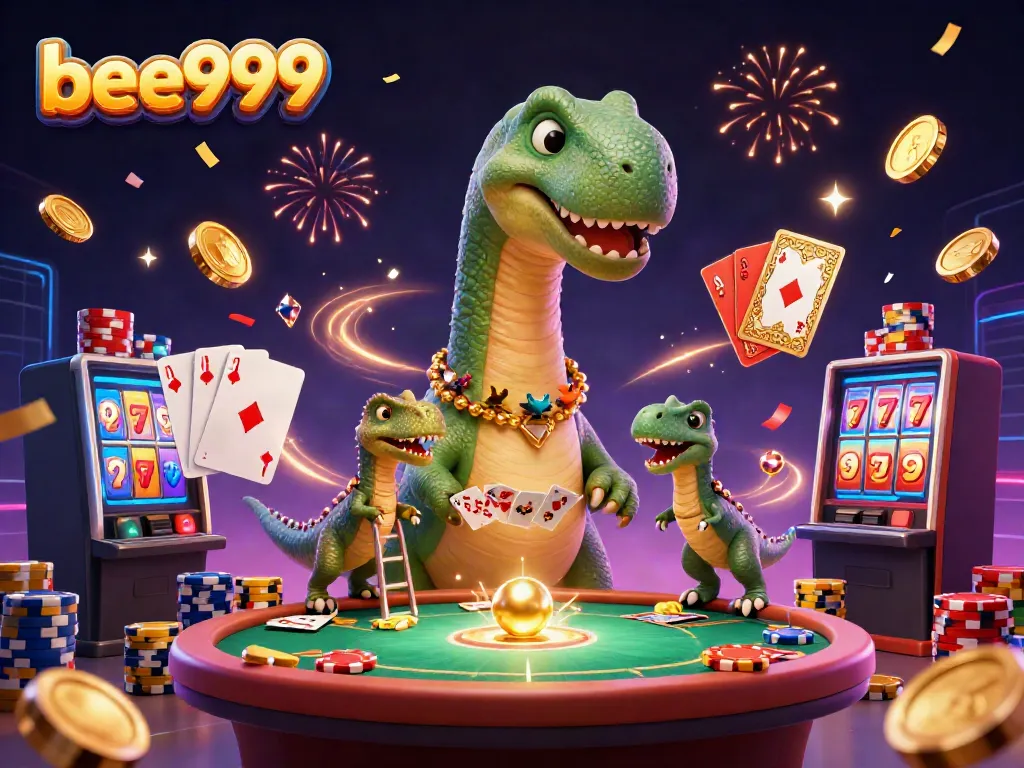 Experience the excitement of bee999 with a vibrant casino scene featuring a cartoon brontosaurus and clever raptor.