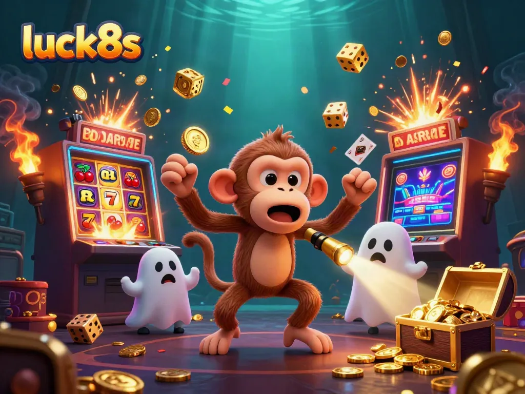 Experience the excitement of luck8s with a playful monkey juggling golden items in a vibrant casino.
