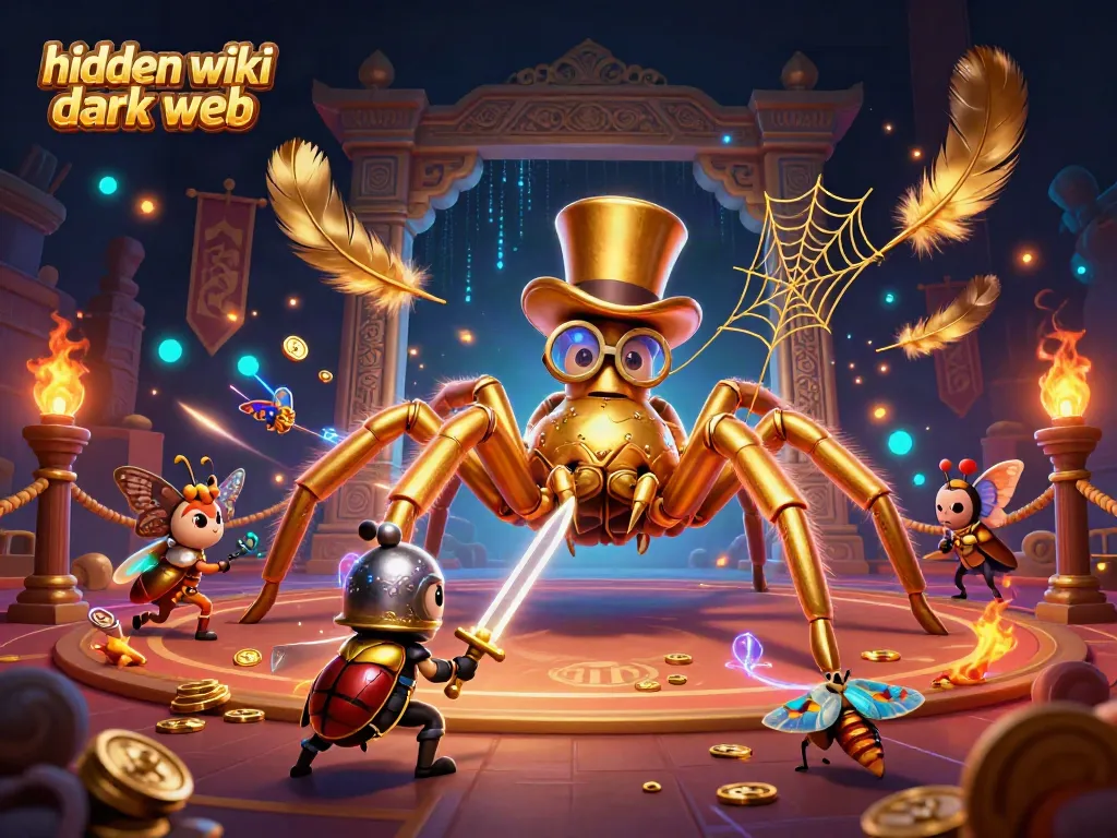 Experience the hidden wiki dark web at a vibrant casino-themed battle between a tarantula and beetle knight.