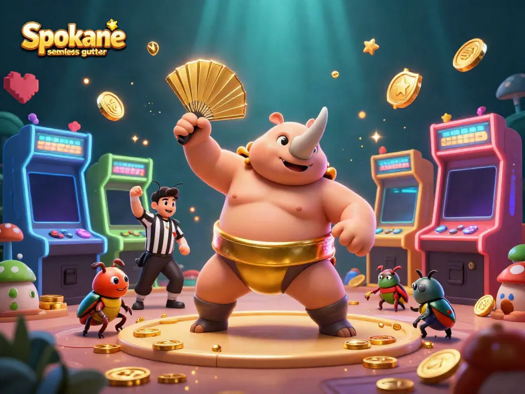 Experience Spokane seamless gutter excitement through a vibrant, playful casino scene with dynamic characters and game elements.