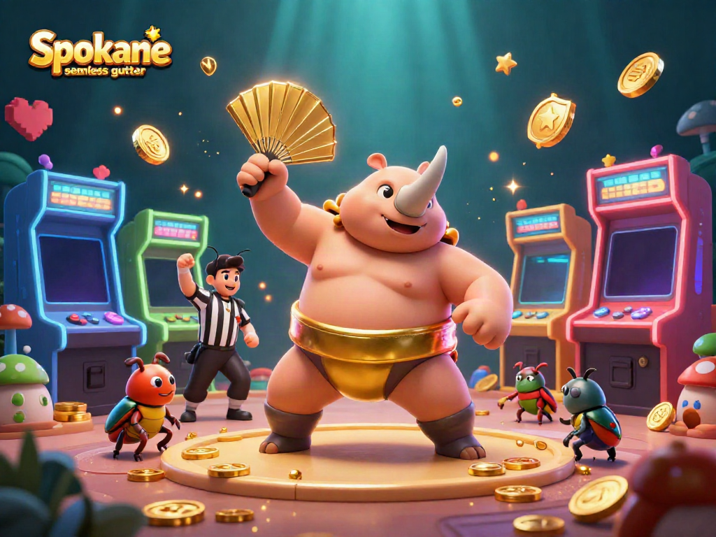 Experience Spokane seamless gutter excitement through a vibrant, playful casino scene with dynamic characters and game elements.