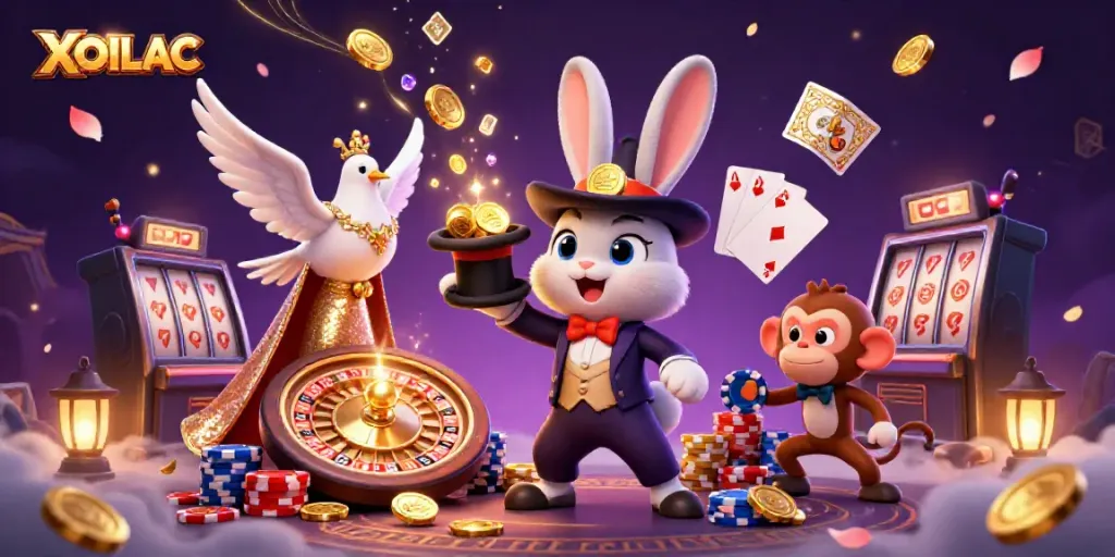 Engage with the thrilling world of XOILAC as a magician rabbit showcases gold coins, while a dove and monkey enhance the excitement.