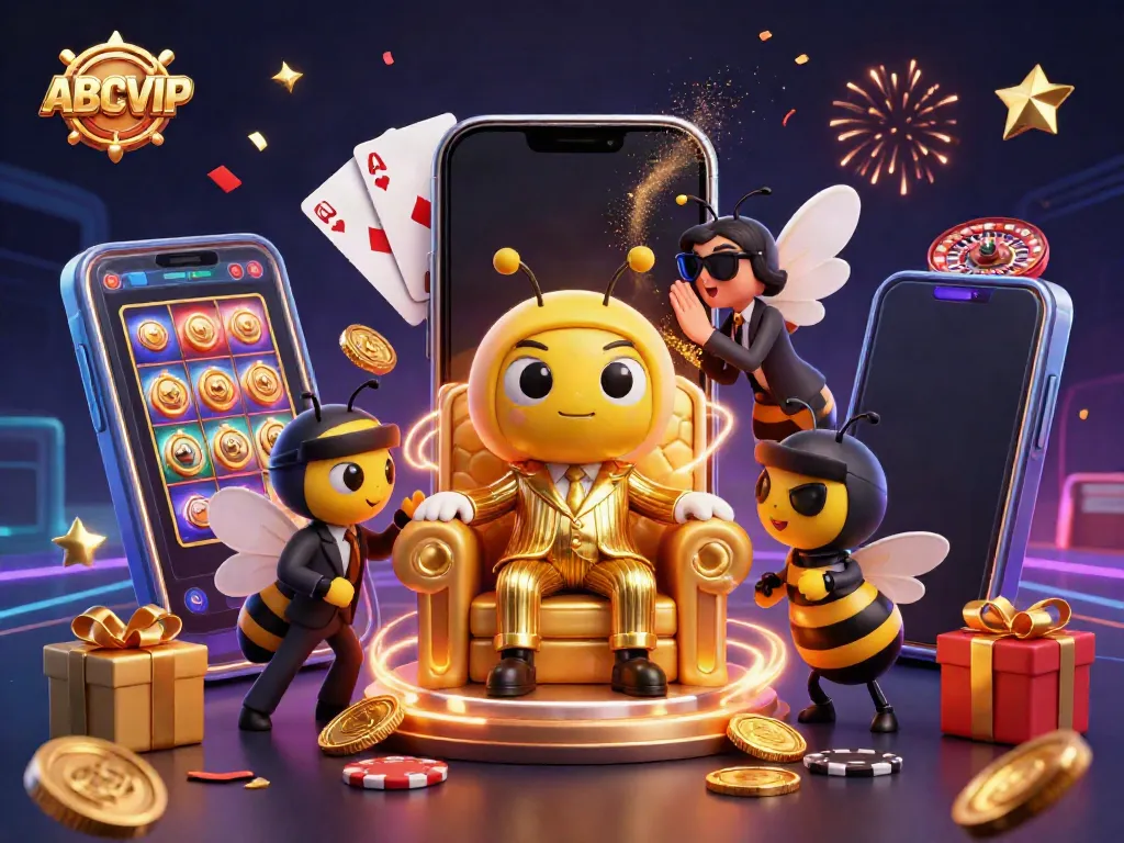 Experience thrilling gaming action with ABCVIP's vibrant illustrated scene featuring a bumblebee mob boss and casino elements.