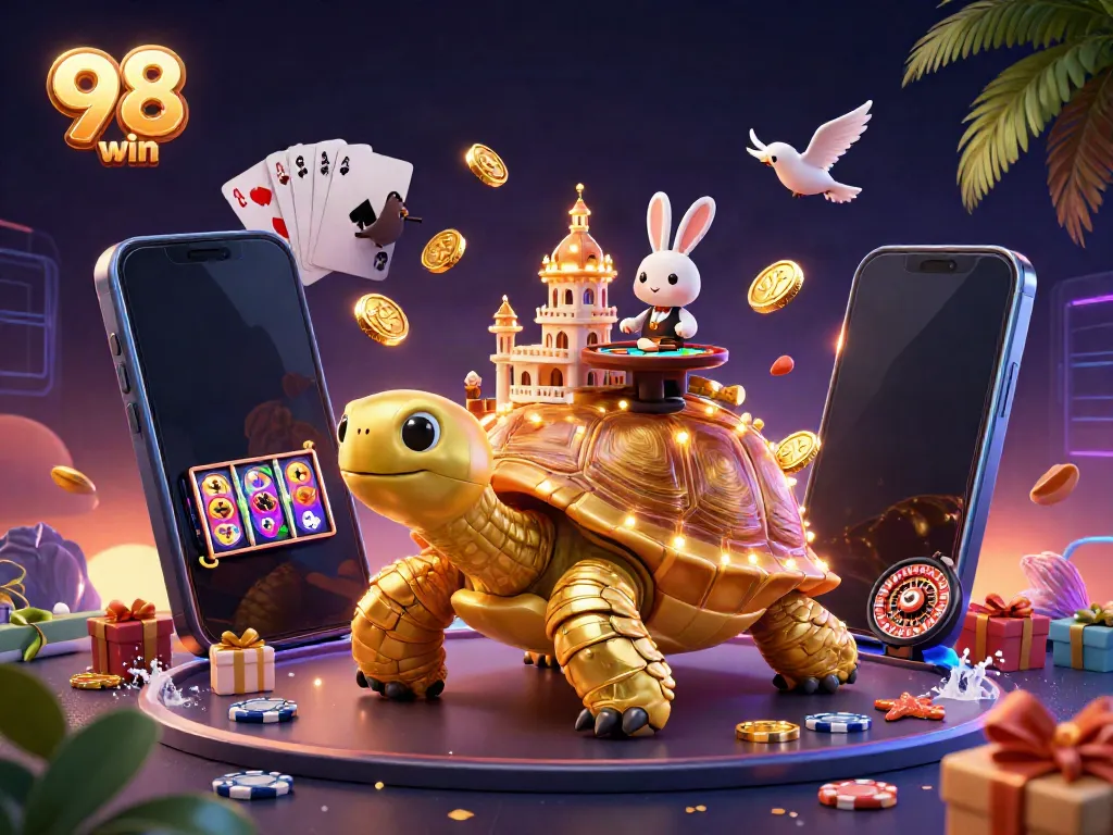 Experience the excitement of 98 win with a vibrant scene of a golden tortoise casino and dealer rabbit.