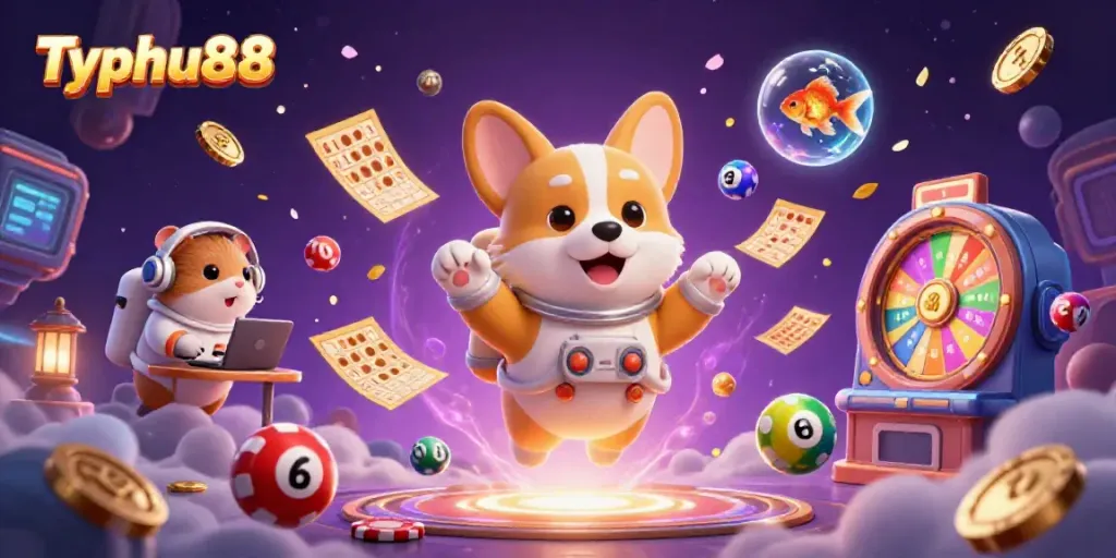 Engage with Typhu88 as a vibrant 3D casino scene features a floating corgi, hamster, and goldfish amidst lottery games.