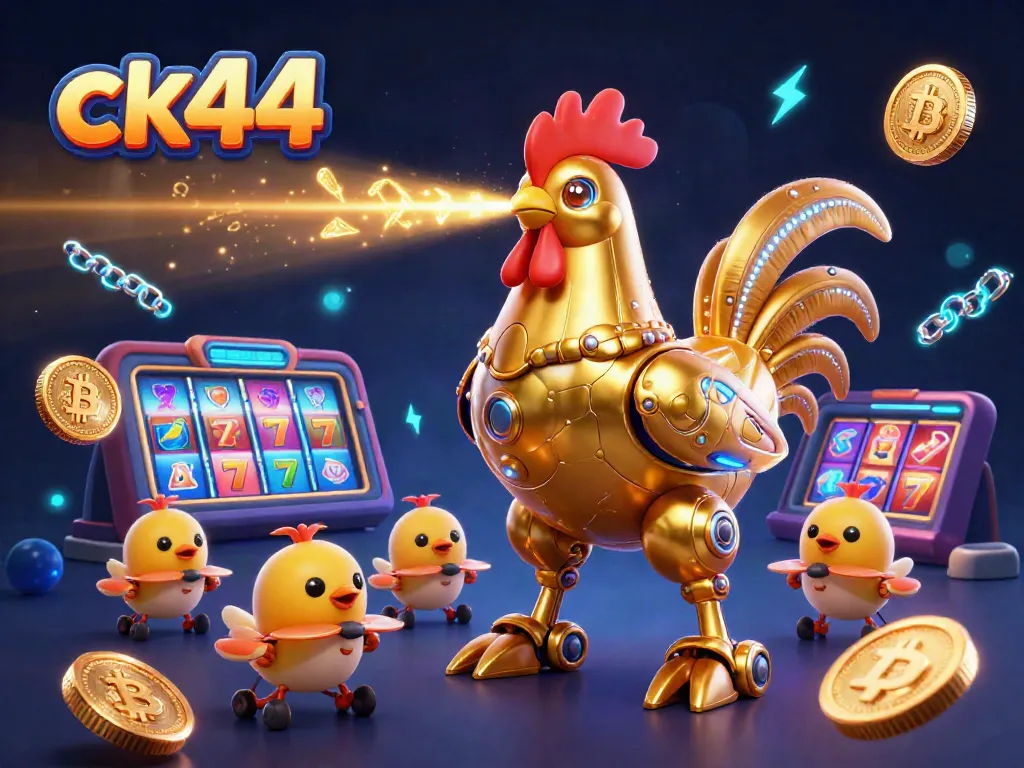 Experience thrilling gaming at ck44 with a dynamic casino scene featuring a golden rooster robot and vibrant slot machines.