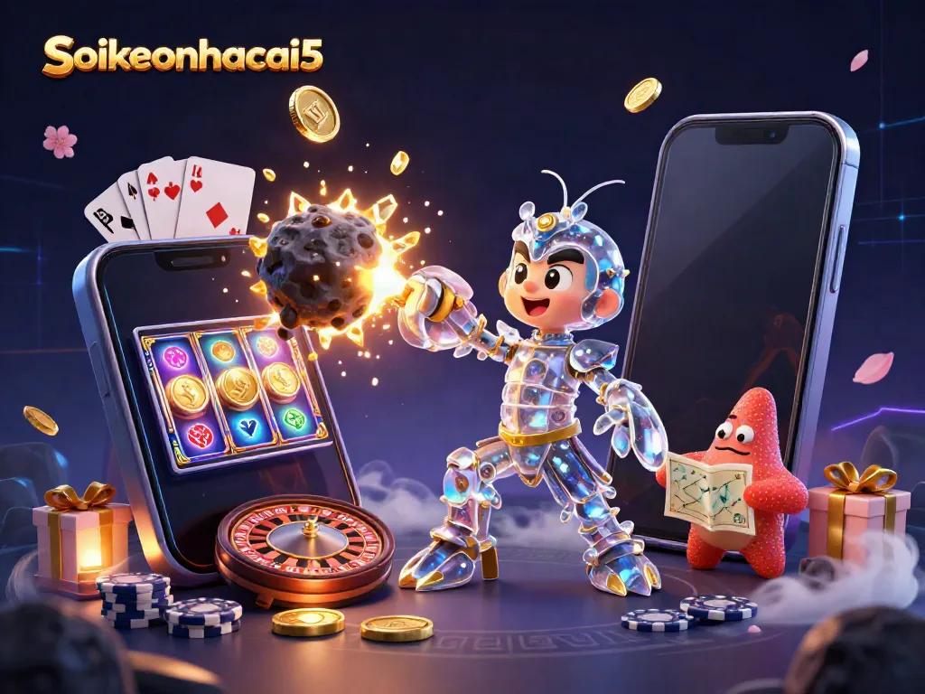 Engage with soikeonhacai5 in this vibrant 3D scene depicting a galactic samurai mantis shrimp and a starfish, with interactive gaming elements