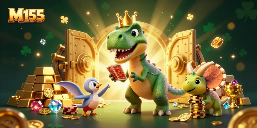 Experience excitement with M155 as T-Rex shuffles cards while treasures burst forth in a vibrant casino scene.