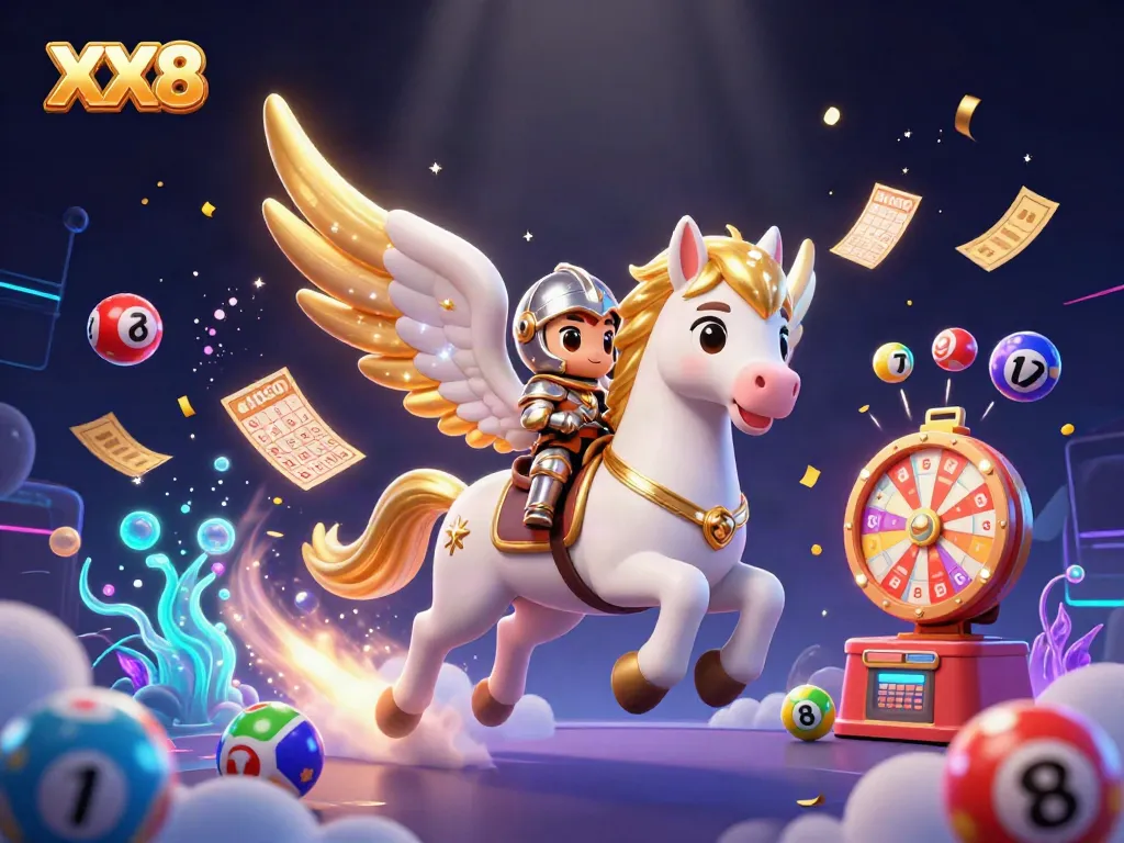 Experience the excitement of XX8 with a joyful knight riding a celestial horse amid vibrant lottery elements.